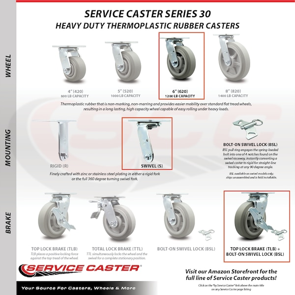 6 Inch SS Thermoplastic Rubber Caster With Ball Bearing And Brake/Swivel Lock